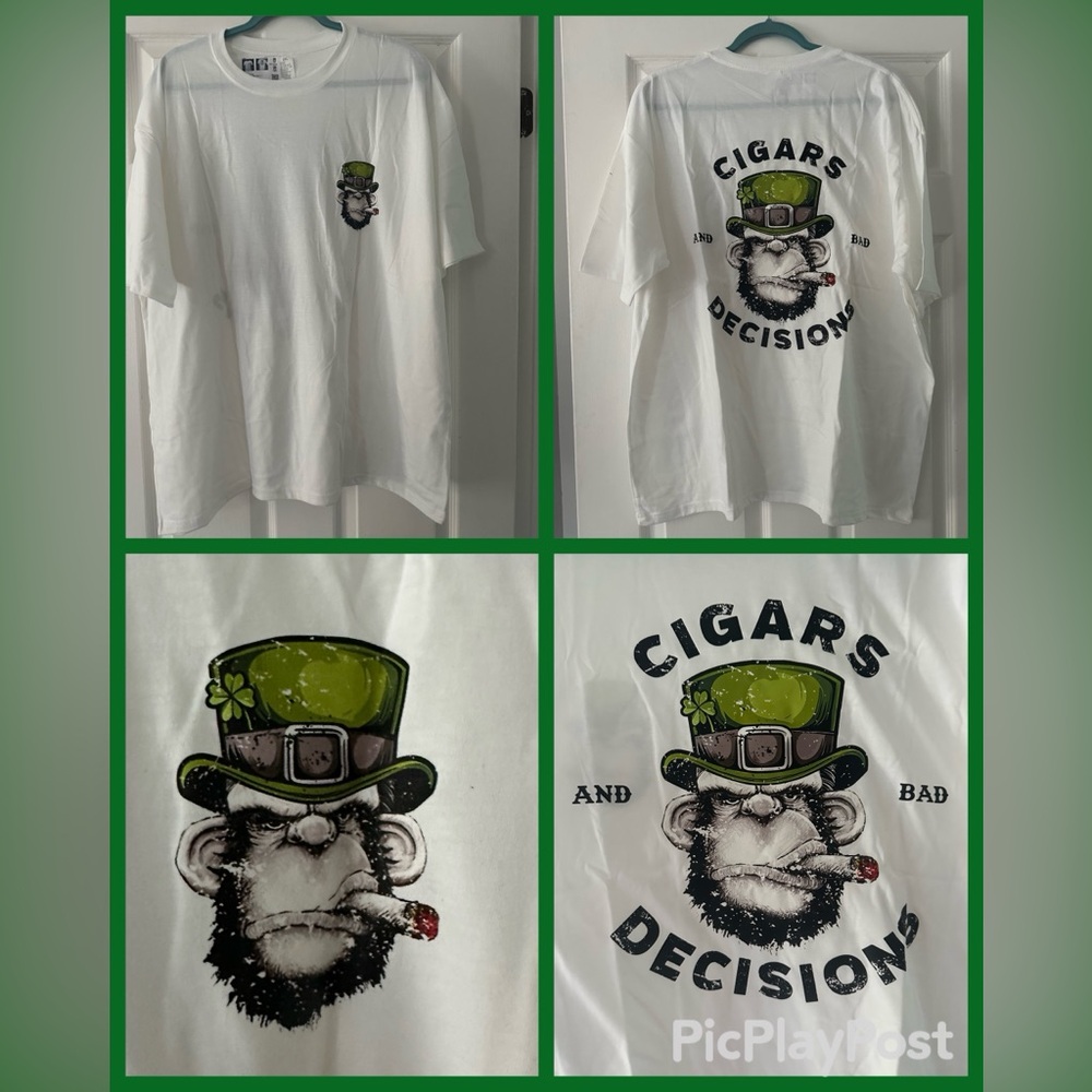 White Graphic T-Shirt w Green & Black Ape Gorilla Design Cigars & Bad Decisions